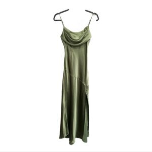 Hello Molly Little Whisper Satin Midi Dress Y2K Olive Cowl Neck Size 6 Gala